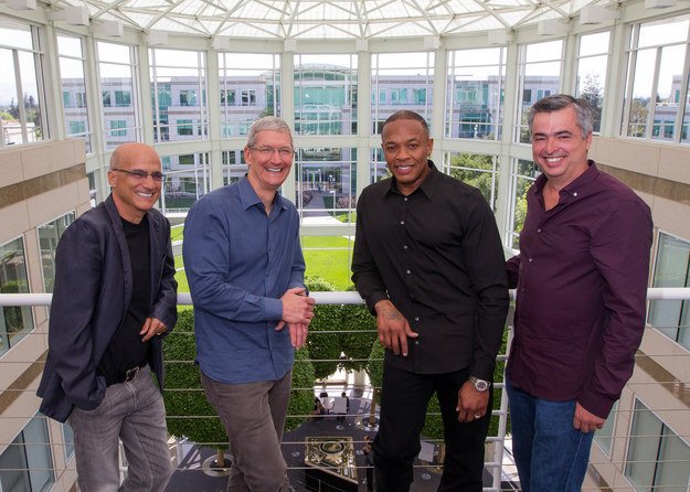 From left to right: Beats executive and media mogul Jimmy Iovine, Apple CEO Tim Cook, Dr. Dre, and Apple Senior Vice President of Internet Software and Services Eddy Cue. Apple