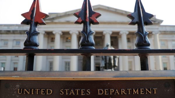 A sign marks the U.S Treasury Department in Washington, U.S., August 6, 2018. Photo Credit: Brian Snyder