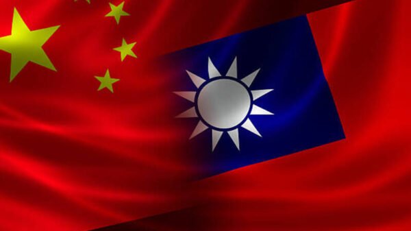 3D rendering of a merged Chinese-Taiwanese flag on silky satin. Concept of the unique cross-Strait relations between the 2 political entities.