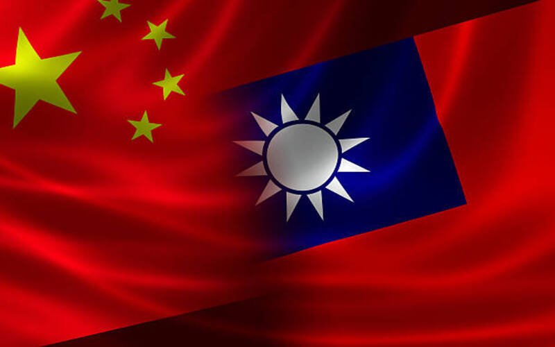 3D rendering of a merged Chinese-Taiwanese flag on silky satin. Concept of the unique cross-Strait relations between the 2 political entities.
