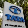 A Tata Motors logo is pictured outside the company showroom in Mumbai, India