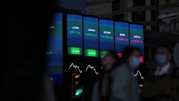 A view of a giant display of stock indexes in Shanghai, China, October 24, 2022. REUTERS/Aly Song/File Photo