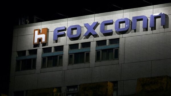 The logo of Foxconn is seen outside the company's building in Taipei, Taiwan November 10, 2022. REUTERS/Ann Wang