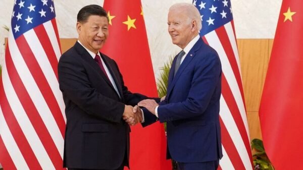 U.S. President Joe Biden shakes hands with Chinese President Xi Jinping as they meet on the sidelines of the G20 leaders' summit in Bali, Indonesia