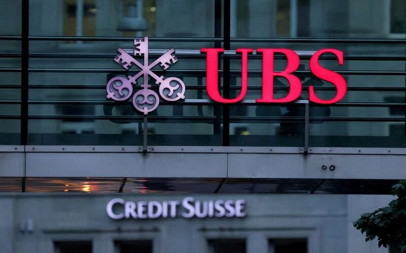 Logos of Swiss banks Credit Suisse and UBS are seen before a news conference in Zurich Switzerland