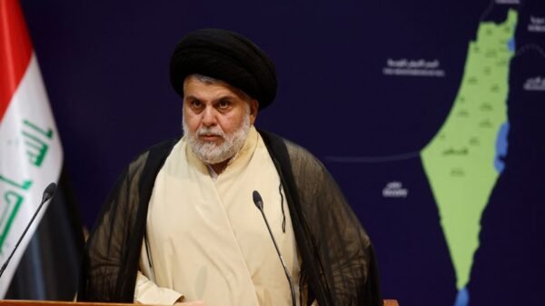 Iraqi Shi'ite leader Muqtada al-Sadr delivers a speech in Najaf, Iraq, October 19, 2023. REUTERS/Alaa al-Marjani
