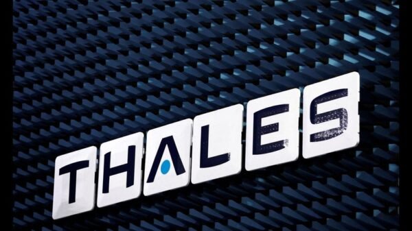 The logo of Thales Group is seen during a visit at the Thales radar factory in Limours, France, February 1, 2023. REUTERS/Gonzalo Fuentes/File Photo