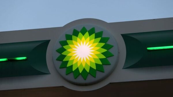 The logo of British multinational oil and gas company BP is displayed at their booth during the LNG 2023 energy trade show in Vancouver, British Columbia, Canada, July 12, 2023. REUTERS/Chris Helgren/File Photo