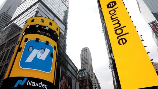 Displays outside the Nasdaq MarketSite are pictured as dating app operator Bumble Inc. (BMBL) made its debut on the Nasdaq stock exchange during the company's IPO in New York City, New York, U.S., February 11, 2021. REUTERS/Mike Segar/File Photo