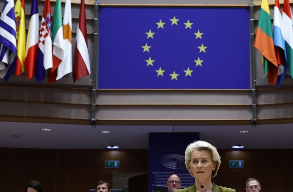 European Commission President Ursula von der Leyen addresses the EU Parliament in Brussels, Belgium November 8, 2023. REUTERS/Yves Herman