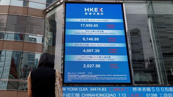 A screen showing the Hang Seng stock index is seen outside Exchange Square, in Hong Kong, China, August 18, 2023. REUTERS/Tyrone Siu/File Photo