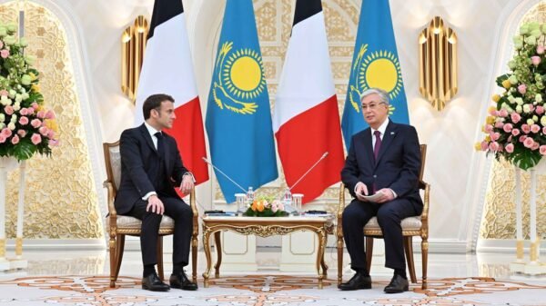 Kazakh President Kassym-Jomart Tokayev and French President Emmanuel Macron attend a meeting in Astana, Kazakhstan November 1, 2023. Press service of the President of Kazakhstan/Handout via REUTERS