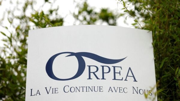 A view shows the logo of French care homes company Orpea at the entrance of a retirement home (EHPAD - Housing Establishment for Dependant Elderly People) in Reze near Nantes, France, February 2, 2022. REUTERS/Stephane Mahe/File Photo