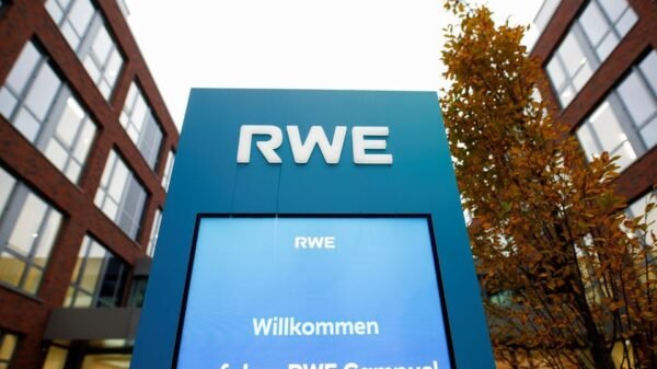 The logo of the German power supplier RWE is pictured at the RWE headquarters in Essen, Germany, November 15, 2021. REUTERS/Thilo Schmuelgen/File Photo
