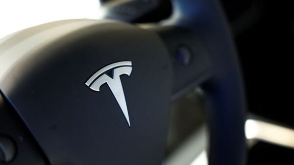 Tesla logo is seen on the steering wheel of an electric vehicle at a dealership in Durango, northern Spain, October 30, 2023. REUTERS/Vincent West
