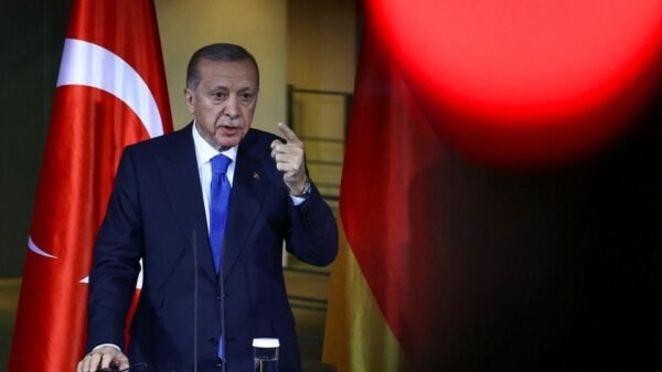 Turkish President Tayyip Erdogan gestures as he attends a press conference with German Chancellor Olaf Scholz (not pictured) at the Chancellery in Berlin, Germany, November 17, 2023. REUTERS/Liesa Johannssen/File Photo