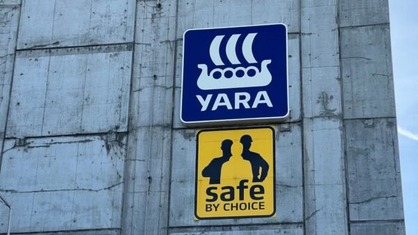 A view of the buildings at Yara plant showing Yara logo and yellow sign in Porsgunn, Norway February 13, 2023. REUTERS/Victoria Klesty
