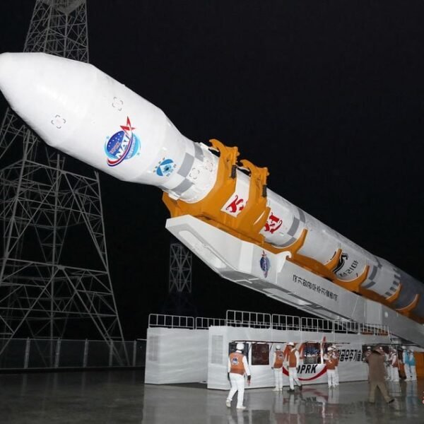A rocket carrying a spy satellite Malligyong-1 is prepared to be launched, as North Korean government claims, in a location given as North Gyeongsang Province, North Korea in this handout picture obtained by Reuters on November 21, 2023. KCNA via REUTERS