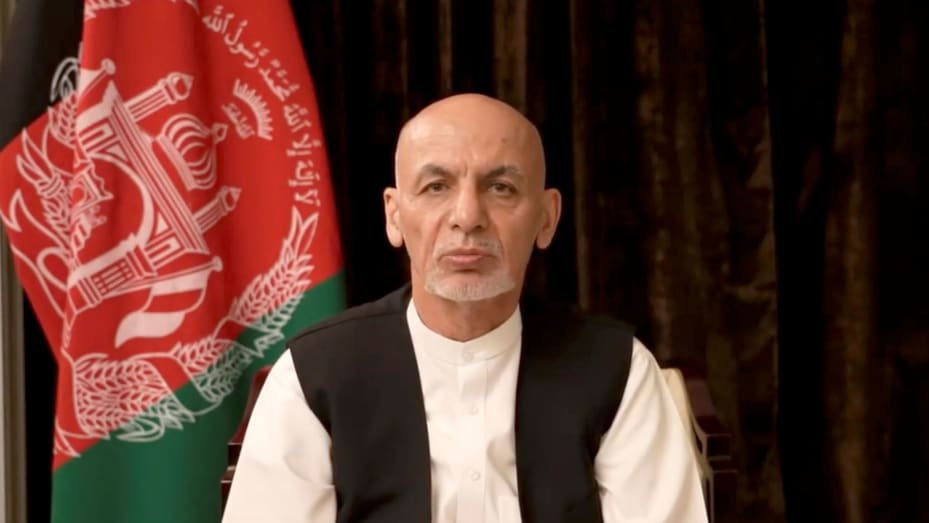Afghan President Ashraf Ghani makes an address about the latest developments in the country from exile in United Arab Emirates, in this screen grab obtained from a social media video on August 18, 2021.