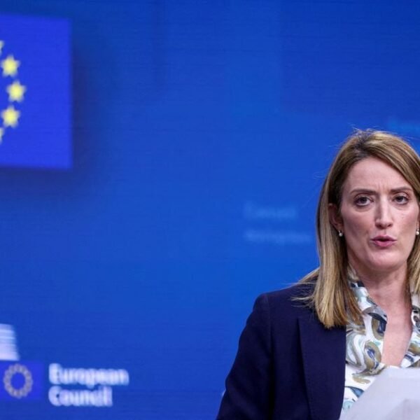 President of the European Parliament Roberta Metsola speaks during a press conference at a European Union leaders' summit, in Brussels, Belgium December 14, 2023. REUTERS/Johanna Geron