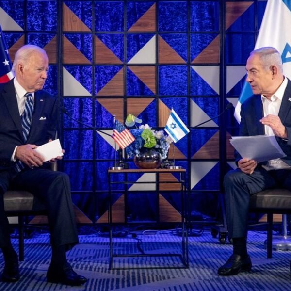 U.S. President Joe Biden, left, meets with Israeli Prime Minister Benjamin Netanyahu, right, to discuss the ongoing conflict between Israel and Hamas, in Tel Aviv, Israel, Wednesday, Oct. 18, 2023. Miriam Alster/Pool via REUTERS/File Photo