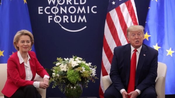 Then-U.S. President Donald Trump speaks dutring a bilateral meeting with European Commission President Ursula von der Leyen during the 50th World Economic Forum (WEF) annual meeting in Davos, Switzerland, January 21, 2020. REUTERS/Jonathan Ernst/File Photo
