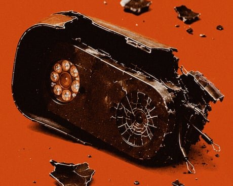 Broken surveillance camera with a shattered lens and scattered debris against a bright orange background